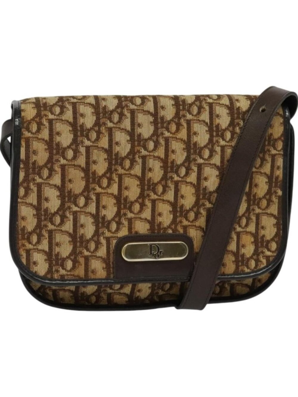 Christian Dior Trotter Canvas Shoulder Bag Brown Gold